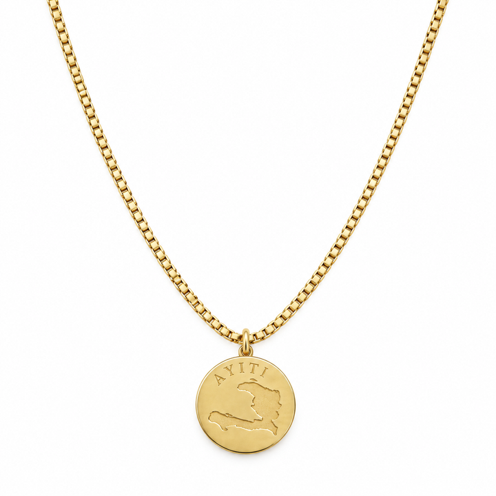 Ayiti coin pendant engraved with the Haiti map on a 3mm box chain in a 14K gold finish