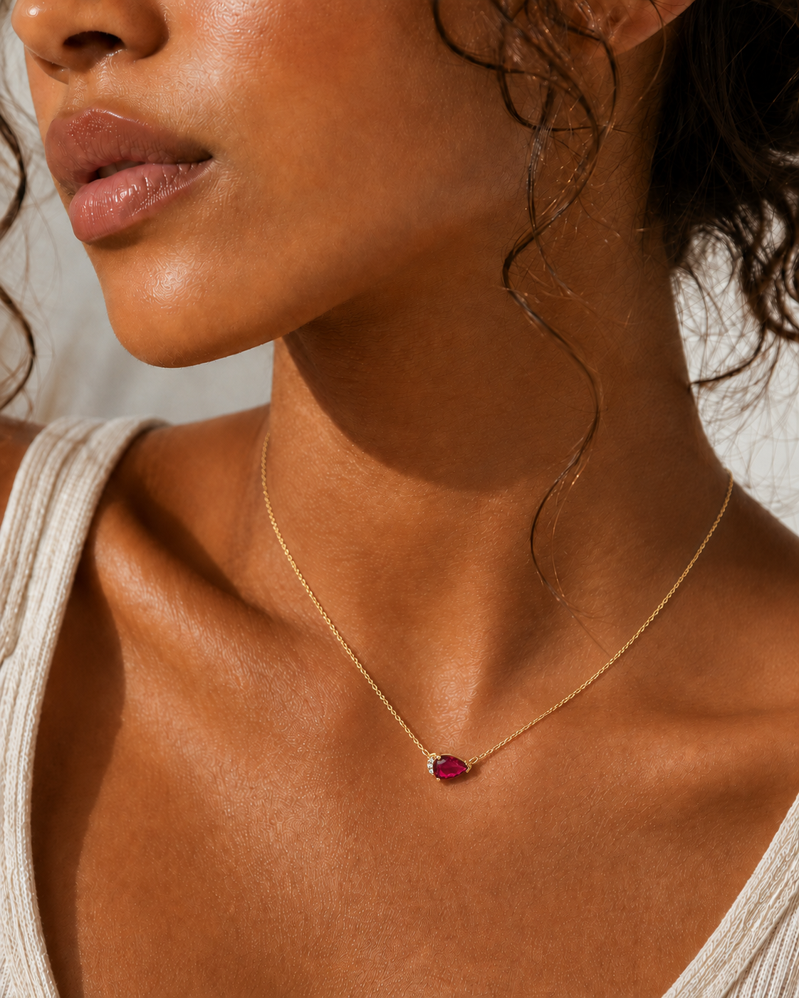 14k Solid Gold, Diamond & Pear Ruby Necklace