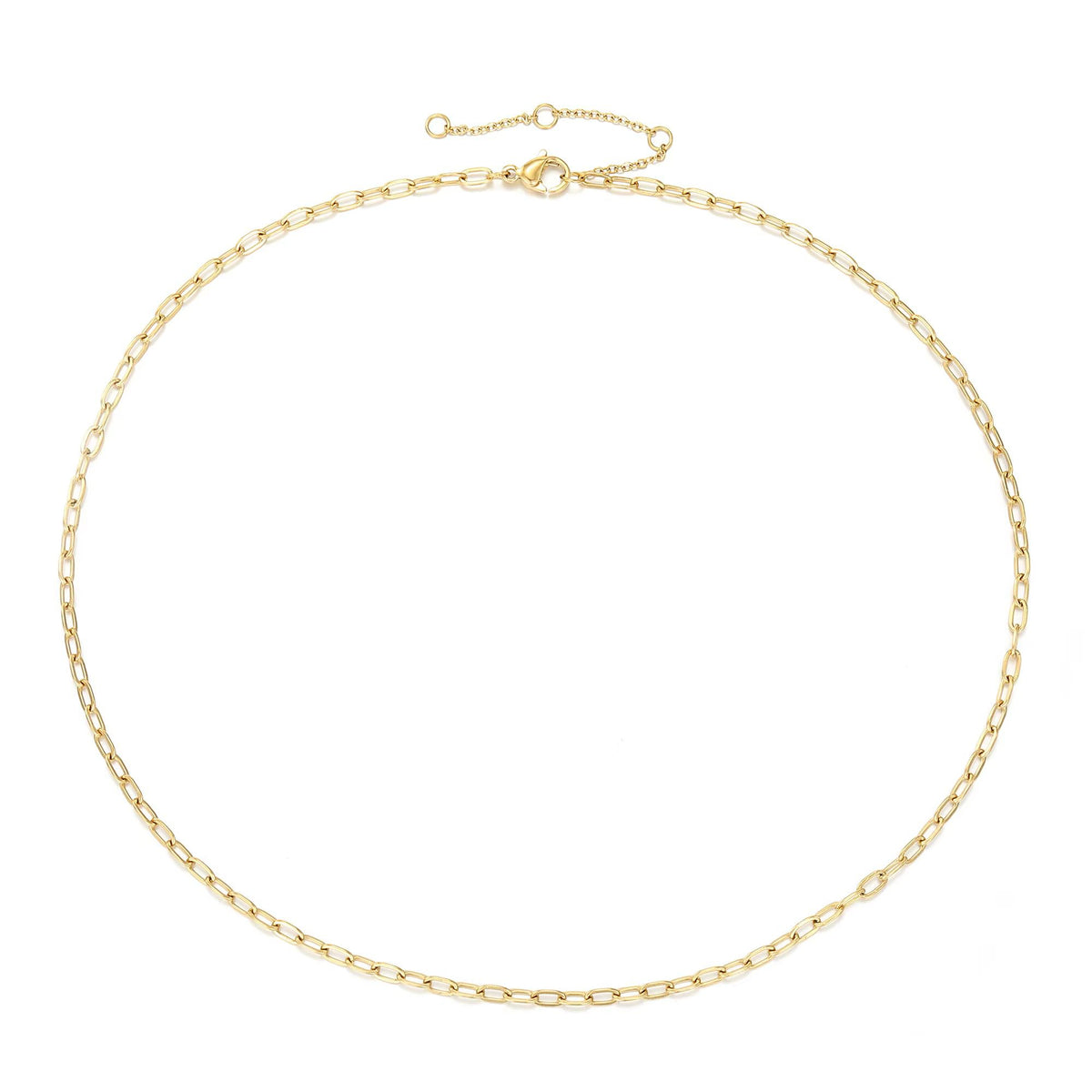 Elongated-link paperclip chain in a 14K gold finish laid in a circle with its extender