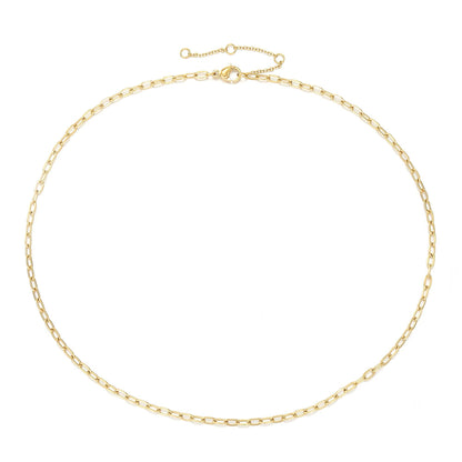 Elongated-link paperclip chain in a 14K gold finish laid in a circle with its extender