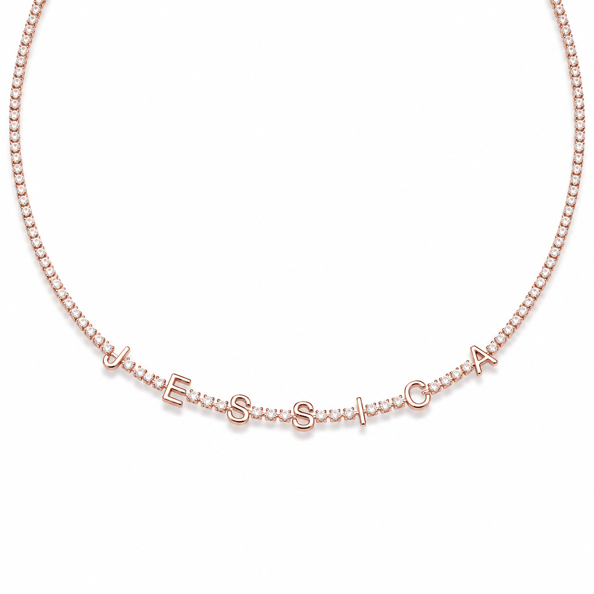 Rose gold finish tennis chain spelling JESSICA in block letters
