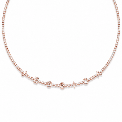 Rose gold finish tennis chain spelling JESSICA in block letters