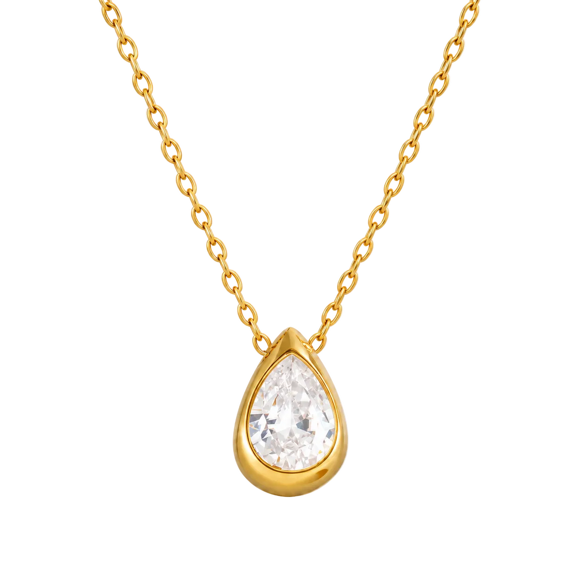 Pear-cut clear stone in a smooth gold bezel on a fine cable chain