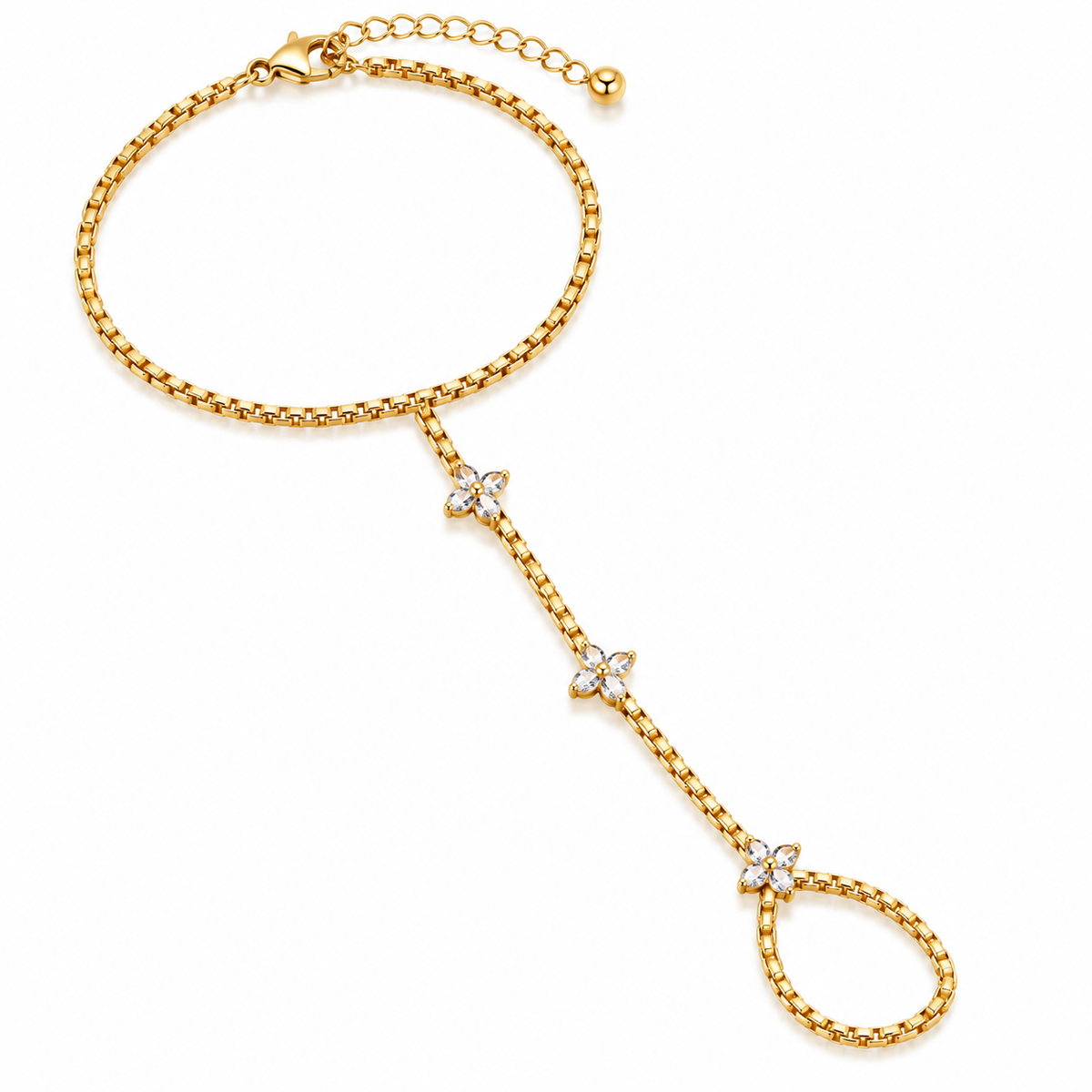 Gold box-chain hand chain from wrist to finger with three crystal blossoms
