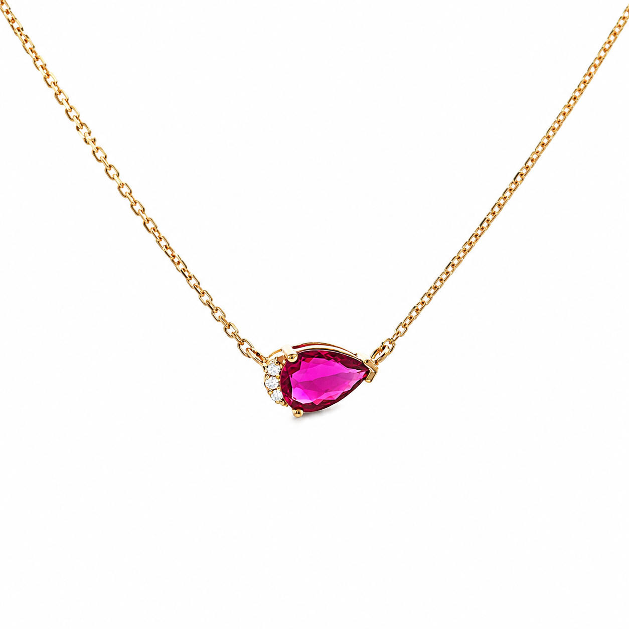 14k Solid Gold, Diamond & Pear Ruby Necklace