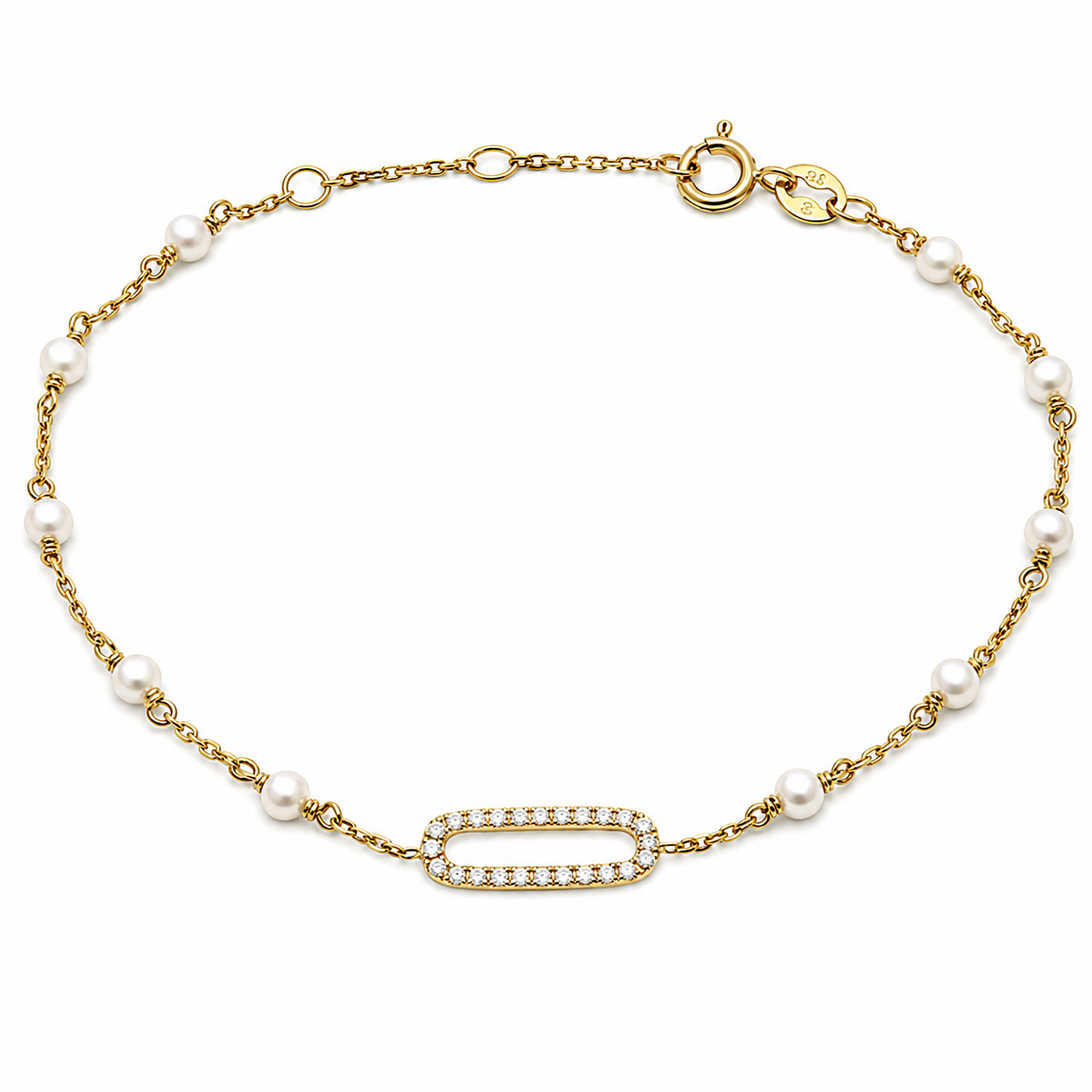 14k Solid Gold, Freshwater Pearl and Diamond Paperclip Bracelet