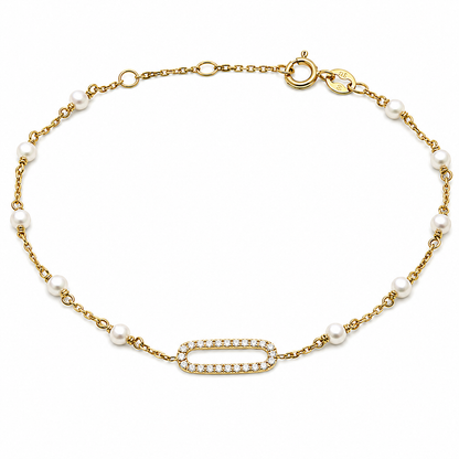 14k Solid Gold, Freshwater Pearl and Diamond Paperclip Bracelet