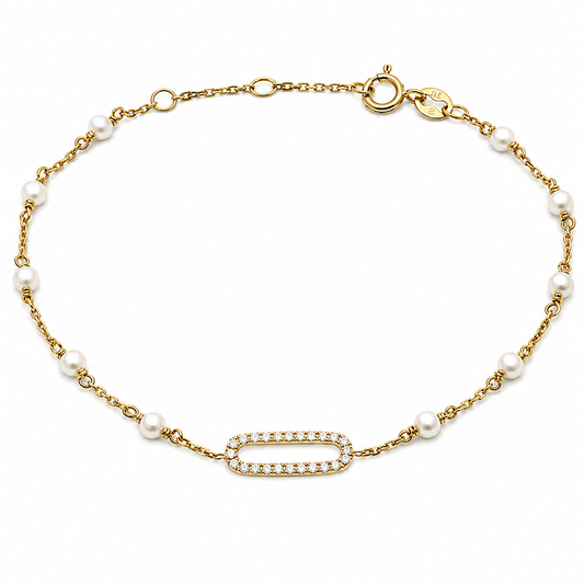 14k Solid Gold, Freshwater Pearl and Diamond Paperclip Bracelet