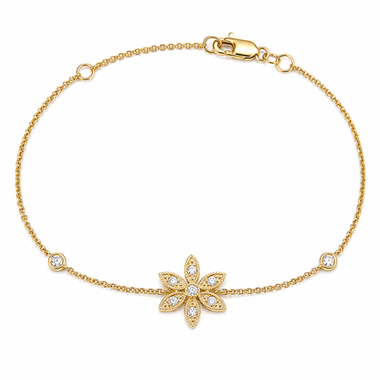 14k Solid Gold Flower Pave Diamond Bracelet