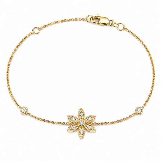 14k Solid Gold Flower Pave Diamond Bracelet